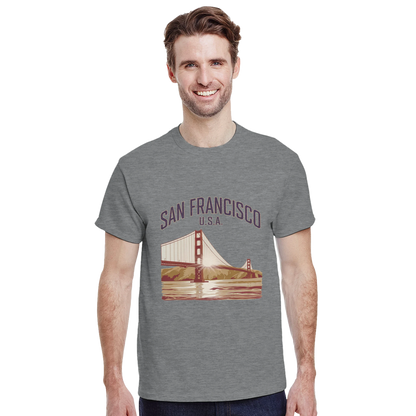 San Francisco USA Unisex Travel T-Shirt on wooden background with world map, passport, and boarding pass