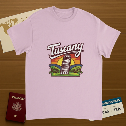 light pink Tuscany Italy Unisex Travel T-Shirt on wooden background with world map, passport, and boarding pass