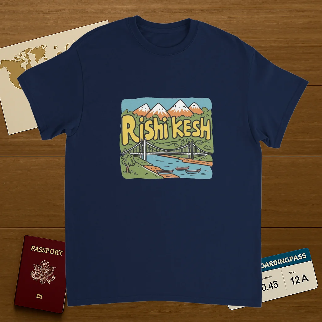 navy Rishikesh India Unisex Travel T-Shirt on wooden background with world map, passport, and boarding pass