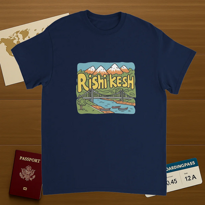navy Rishikesh India Unisex Travel T-Shirt on wooden background with world map, passport, and boarding pass
