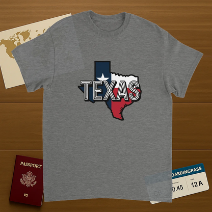 sport grey Texas USA Unisex Travel T-Shirt on wooden background with world map, passport, and boarding pass
