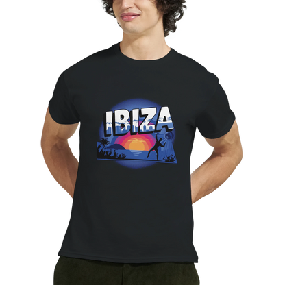 Ibiza Unisex Travel T-Shirt featuring a man from the front