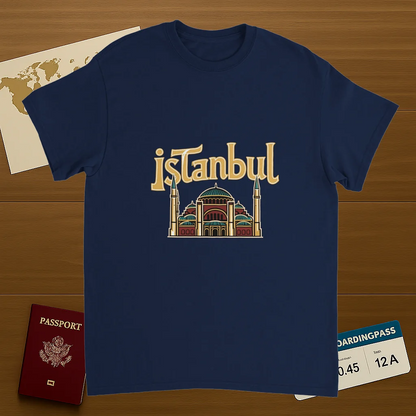 navy Istanbul Turkey Unisex Travel T-Shirt on wooden background with world map, passport, and boarding pass