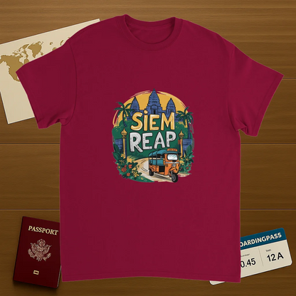 cardinal red Siem Reap Cambodia Unisex Travel T-Shirt on wooden background with world map, passport, and boarding pass