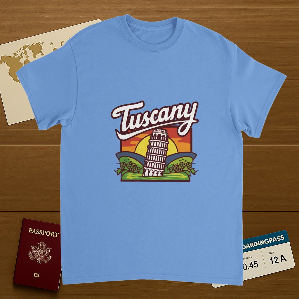 carolina blue Tuscany Italy Unisex Travel T-Shirt on wooden background with world map, passport, and boarding pass