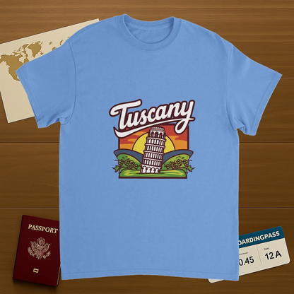 carolina blue Tuscany Italy Unisex Travel T-Shirt on wooden background with world map, passport, and boarding pass