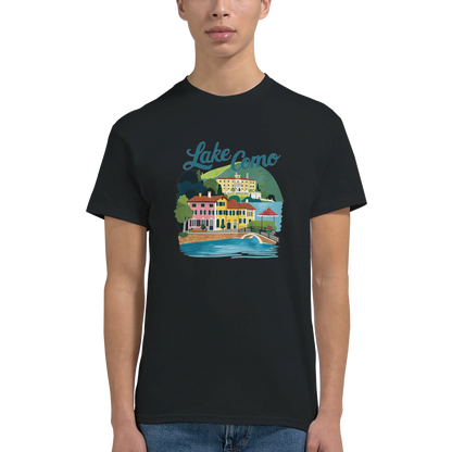 Lake Como Italy Unisex Travel T-Shirt featuring a man
