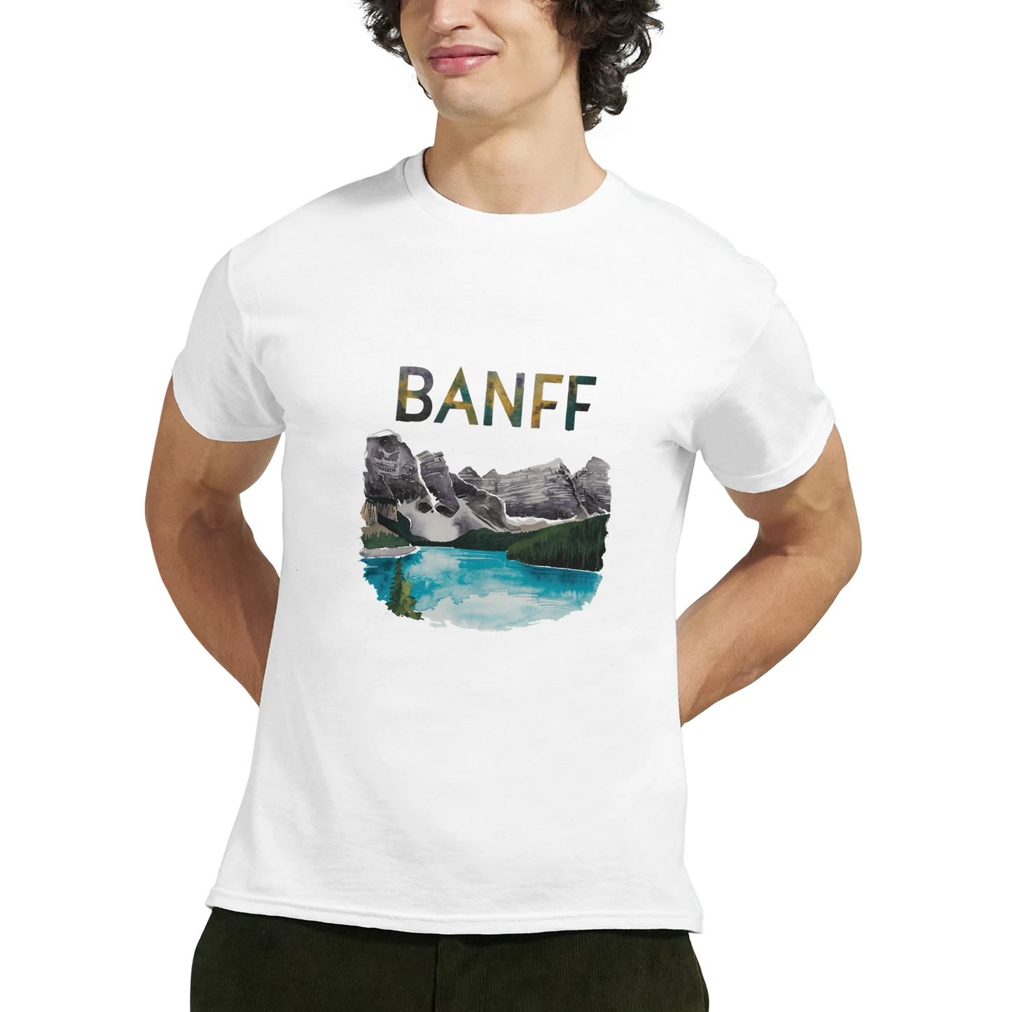 Banff Canada Unisex Travel T-Shirt featuring a man