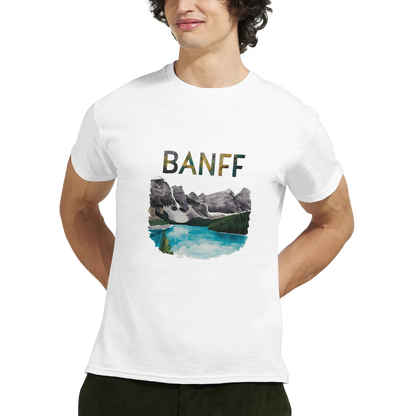 Banff Canada Unisex Travel T-Shirt featuring a man