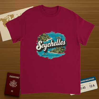 cardinal red Seychelles Unisex Travel T-Shirt on wooden background with world map, passport, and boarding pass