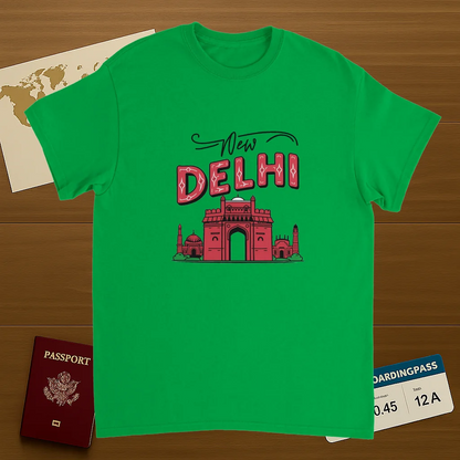 irish green New Delhi India Unisex Travel T-Shirt on wooden background with world map, passport, and boarding pass