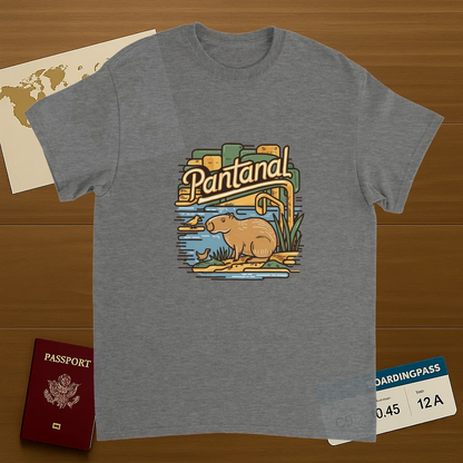sport grey Pantanal Brazil Unisex Travel T-Shirt on wooden background with world map, passport, and boarding pass