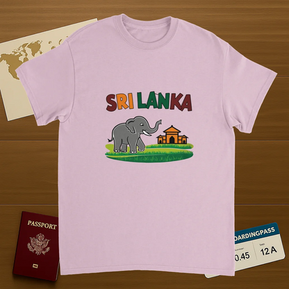 light pink Sri Lanka Unisex Travel T-Shirt on wooden background with world map, passport, and boarding pass