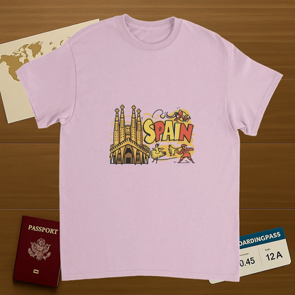 light pink Spain Unisex Travel T-Shirt on wooden background with world map, passport, and boarding pass