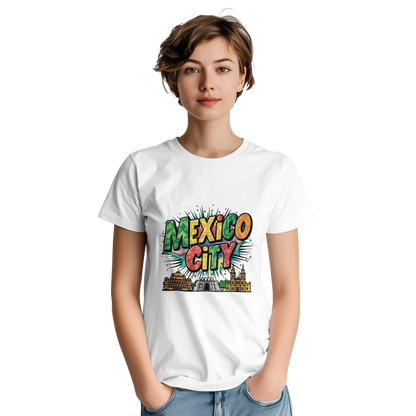 Mexico City Unisex Travel T-Shirt on wooden background with world map, passport, and boarding pass