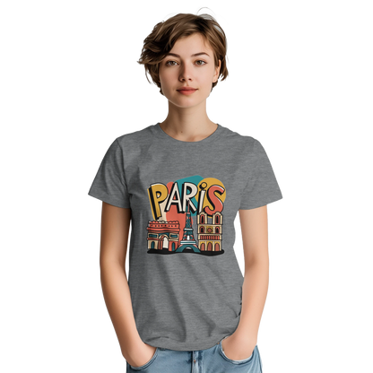 Paris France Unisex Travel T-Shirt on wooden background with world map, passport, and boarding pass