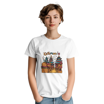 Kathmandu Nepal Unisex Travel T-Shirt on wooden background with world map, passport, and boarding pass