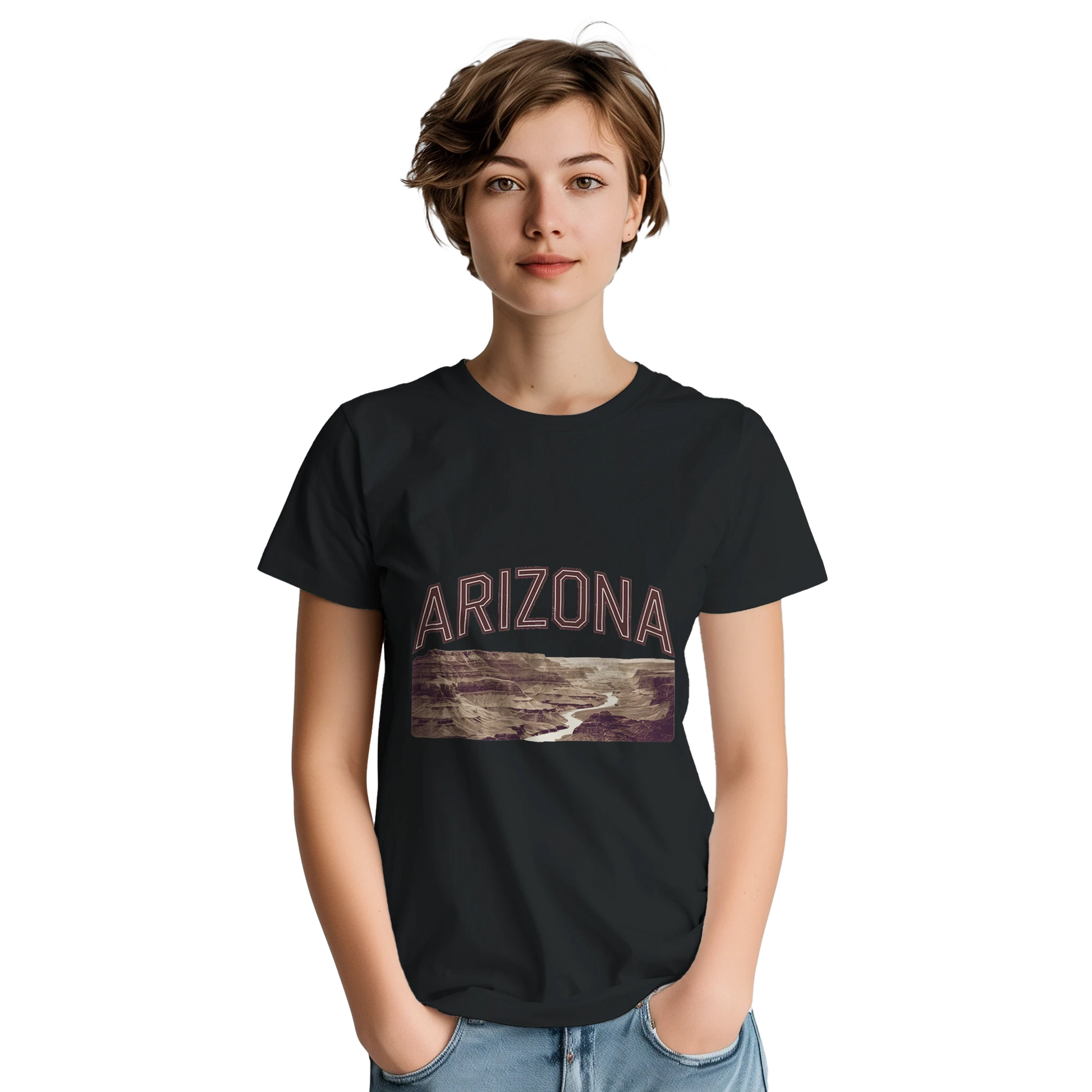 Arizona USA Unisex Travel T-Shirt on wooden background with world map, passport, and boarding pass