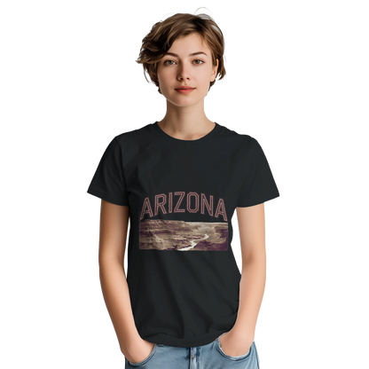 Arizona USA Unisex Travel T-Shirt on wooden background with world map, passport, and boarding pass