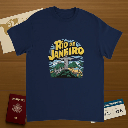 navy Rio de Janeiro Brazil Unisex Travel T-Shirt on wooden background with world map, passport, and boarding pass