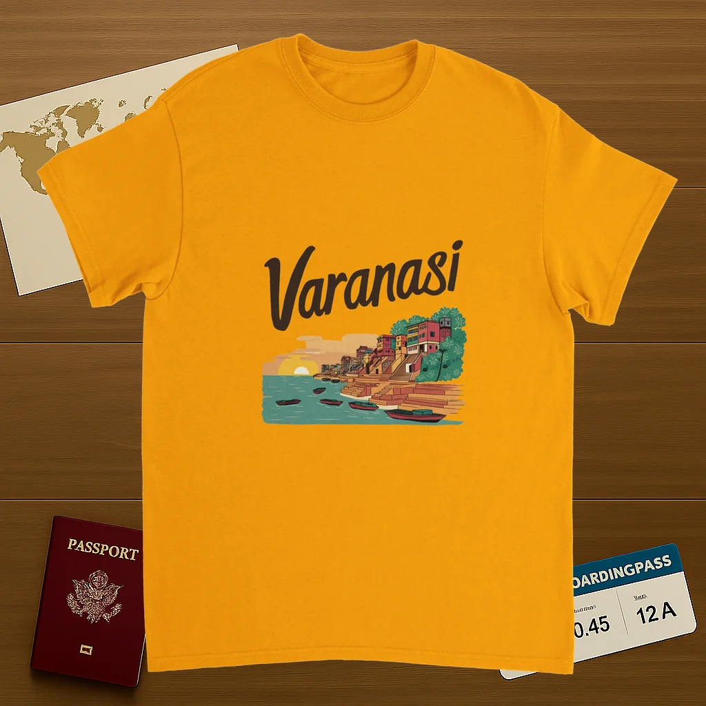gold Varanasi India Unisex Travel T-Shirt on wooden background with world map, passport, and boarding pass