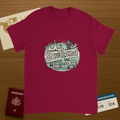 cardinal red Scotland Unisex Travel T-Shirt on wooden background with world map, passport, and boarding pass