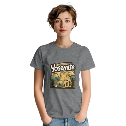 Yosemite USA Unisex Travel T-Shirt on wooden background with world map, passport, and boarding pass