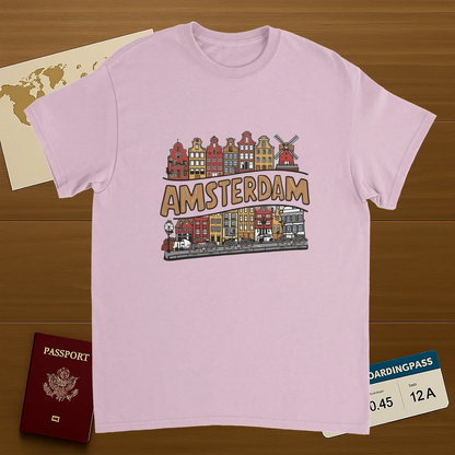 light pink Amsterdam Netherlands Unisex Travel T-Shirt on wooden background with world map, passport, and boarding pass