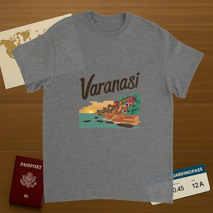 sport grey Varanasi India Unisex Travel T-Shirt on wooden background with world map, passport, and boarding pass