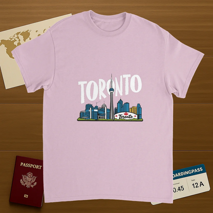 light pink Toronto Canada Unisex Travel T-Shirt on wooden background with world map, passport, and boarding pass