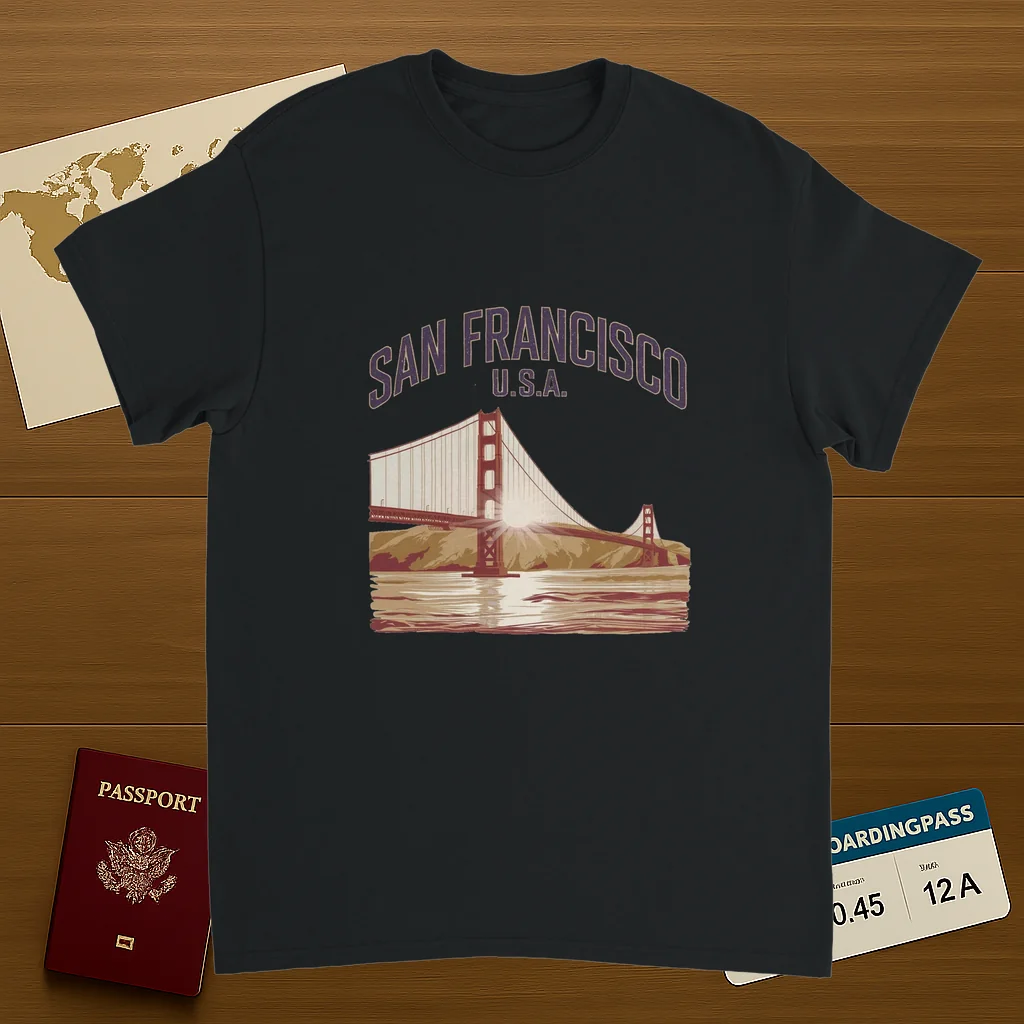 black San Francisco USA Unisex Travel T-Shirt on wooden background with world map, passport, and boarding pass