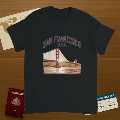 black San Francisco USA Unisex Travel T-Shirt on wooden background with world map, passport, and boarding pass