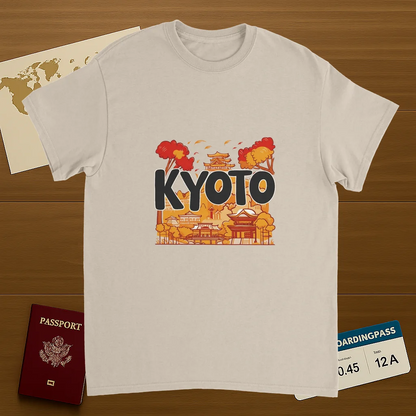 Kyoto Japan Unisex Travel T-Shirt on wooden background with world map, passport, and boarding pass