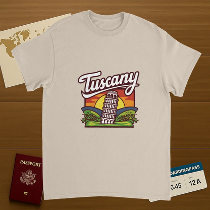 Tuscany Italy Unisex Travel T-Shirt on wooden background with world map, passport, and boarding pass