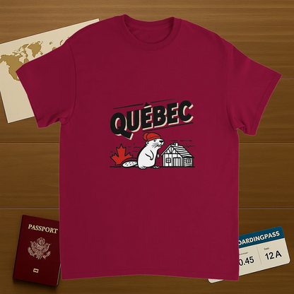 cardinal red Quebec Canada Unisex Travel T-Shirt on wooden background with world map, passport, and boarding pass