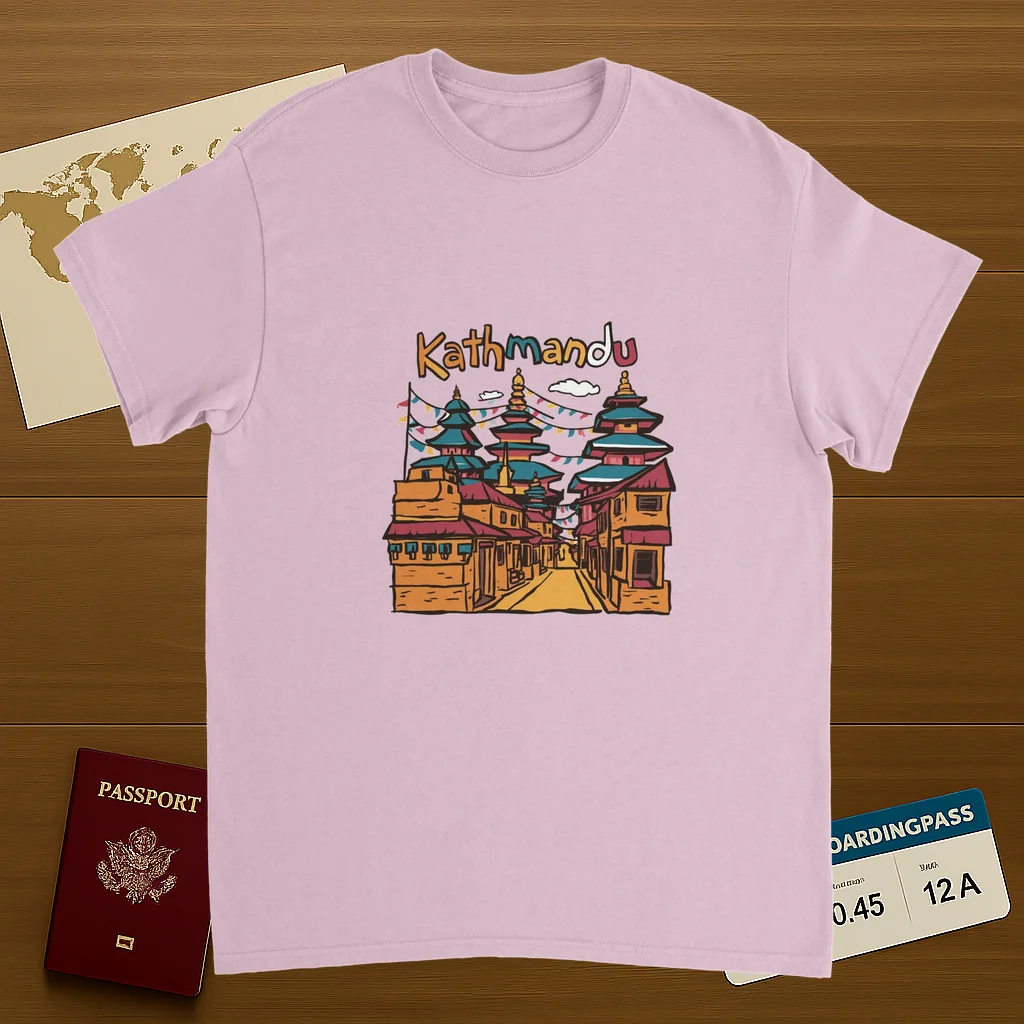 light pink Kathmandu Nepal Unisex Travel T-Shirt on wooden background with world map, passport, and boarding pass