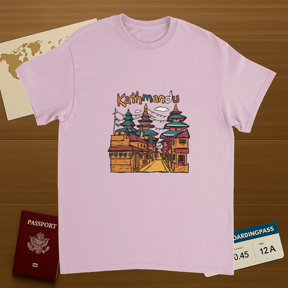 light pink Kathmandu Nepal Unisex Travel T-Shirt on wooden background with world map, passport, and boarding pass