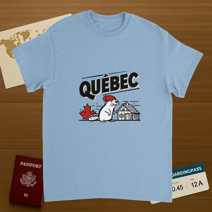 light blue Quebec Canada Unisex Travel T-Shirt on wooden background with world map, passport, and boarding pass