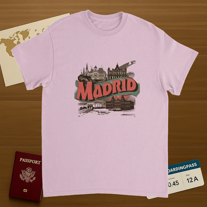 light pink Madrid Spain Unisex Travel T-Shirt on wooden background with world map, passport, and boarding pass