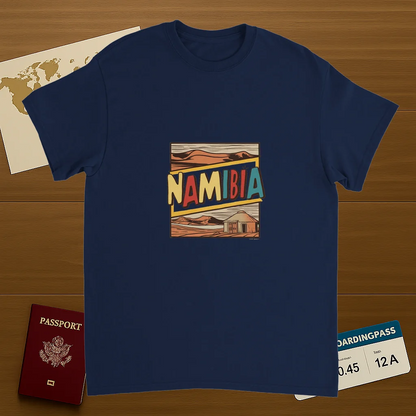 navy Namibia Unisex Travel T-Shirt on wooden background with world map, passport, and boarding pass
