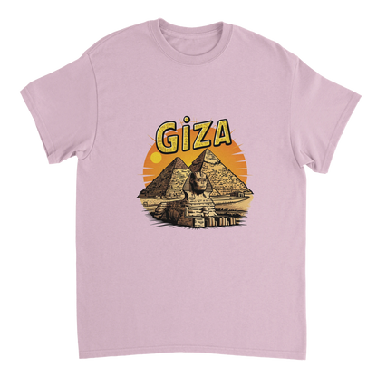 light pink Giza Egypt Unisex Travel T-Shirt on wooden background with world map, passport, and boarding pass