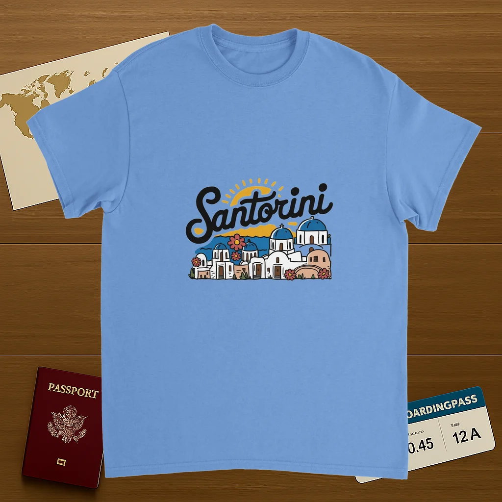 carolina blue Santorini Greece Unisex Travel T-Shirt on wooden background with world map, passport, and boarding pass