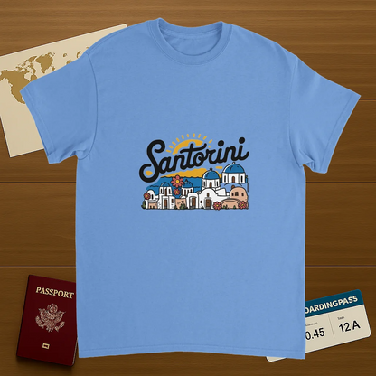carolina blue Santorini Greece Unisex Travel T-Shirt on wooden background with world map, passport, and boarding pass