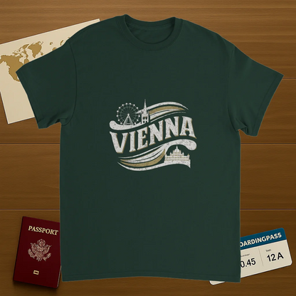 forest green Vienna Austria Unisex Travel T-Shirt on wooden background with world map, passport, and boarding pass