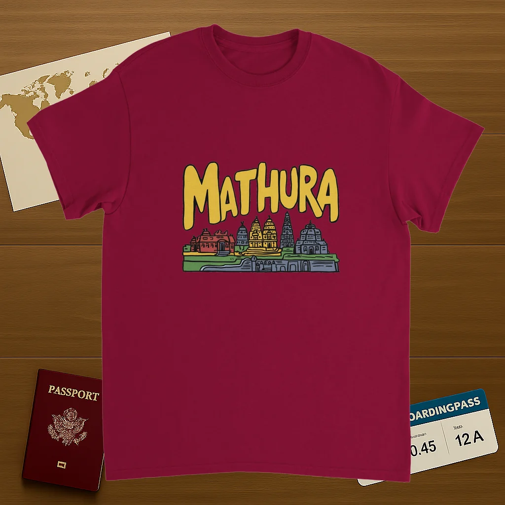 cardinal red Mathura India Unisex Travel T-Shirt on wooden background with world map, passport, and boarding pass