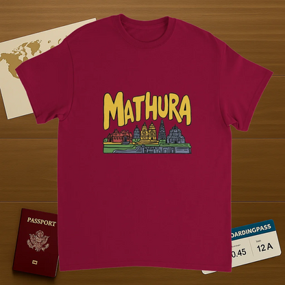cardinal red Mathura India Unisex Travel T-Shirt on wooden background with world map, passport, and boarding pass