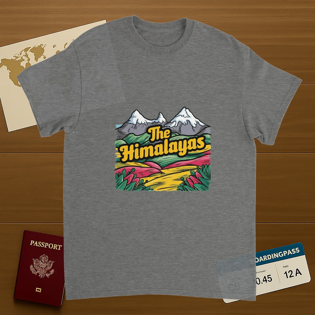 sport grey Himalayas Unisex Travel T-Shirt on wooden background with world map, passport, and boarding pass
