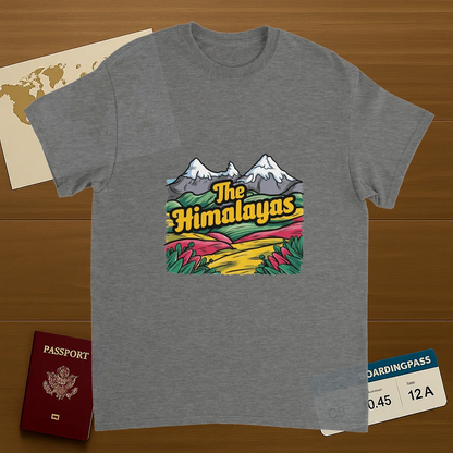 sport grey Himalayas Unisex Travel T-Shirt on wooden background with world map, passport, and boarding pass