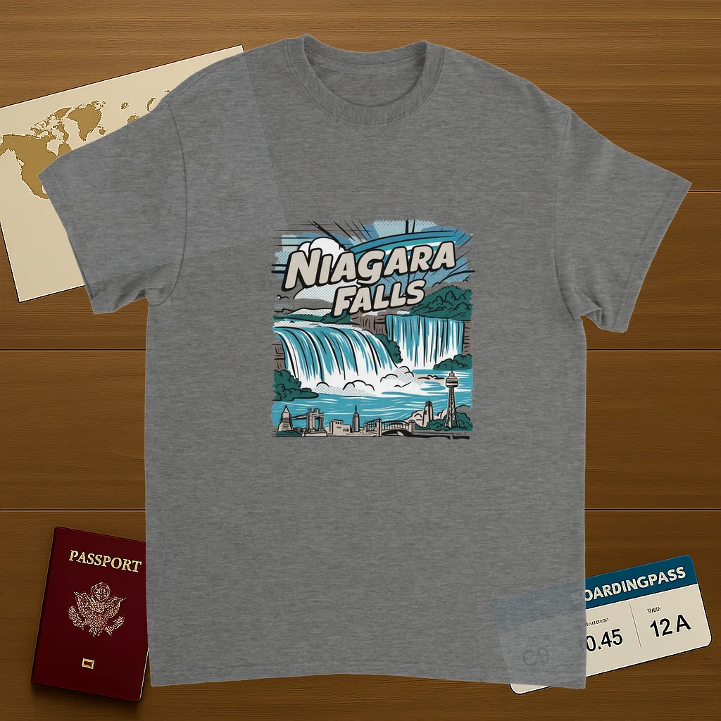 sport grey Niagara Falls Unisex Travel T-Shirt on wooden background with world map, passport, and boarding pass