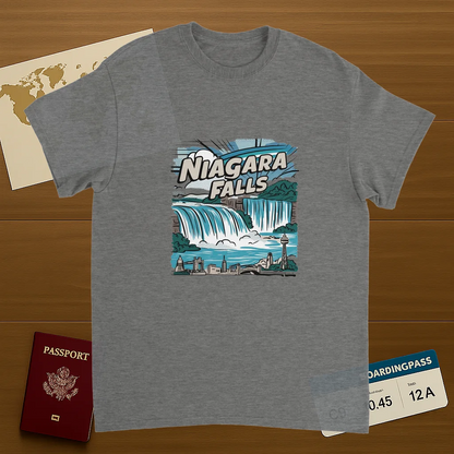 sport grey Niagara Falls Unisex Travel T-Shirt on wooden background with world map, passport, and boarding pass